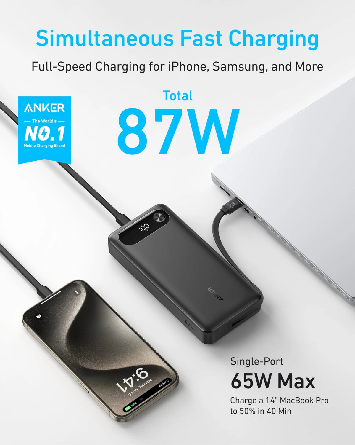 Anker Power Bank 20K, 87W, Built-In USB-C Cable