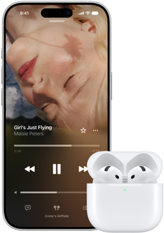 iPhone next to AirPods in charging case, case is open