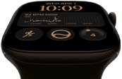 Apple Watch Series 12, aluminium case, dark bronze colour, Modular watch face, complications: day and date, Workouts, Activity rings, Apple Music, right side exterior, Digital Crown, Sport Band, olive colour